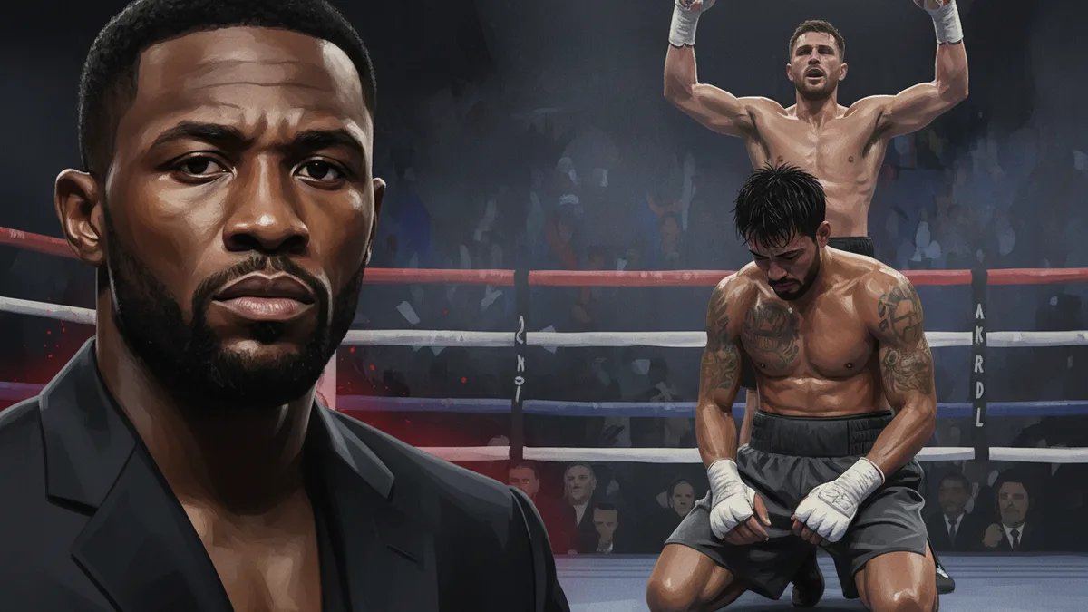 Terence Crawford at ringside in a suit watching a boxing bout
