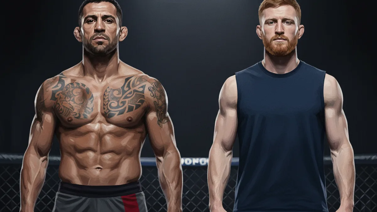 An empty UFC octagon cage lit for fight night