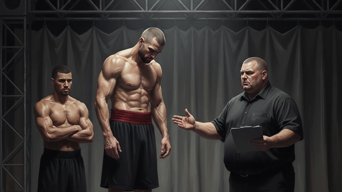 A boxer stepping on the scale at an official weigh-in